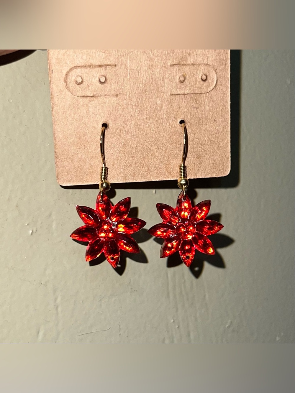 Red Crystal Poinsettia Flower Earrings- Gold Colored Version